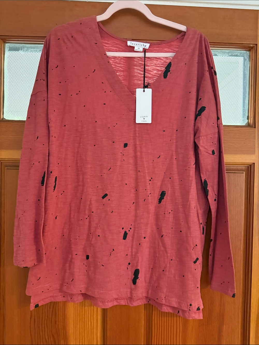 Love Riche Dusty Rose V-Neck Long Sleeve Top with Black Splatter